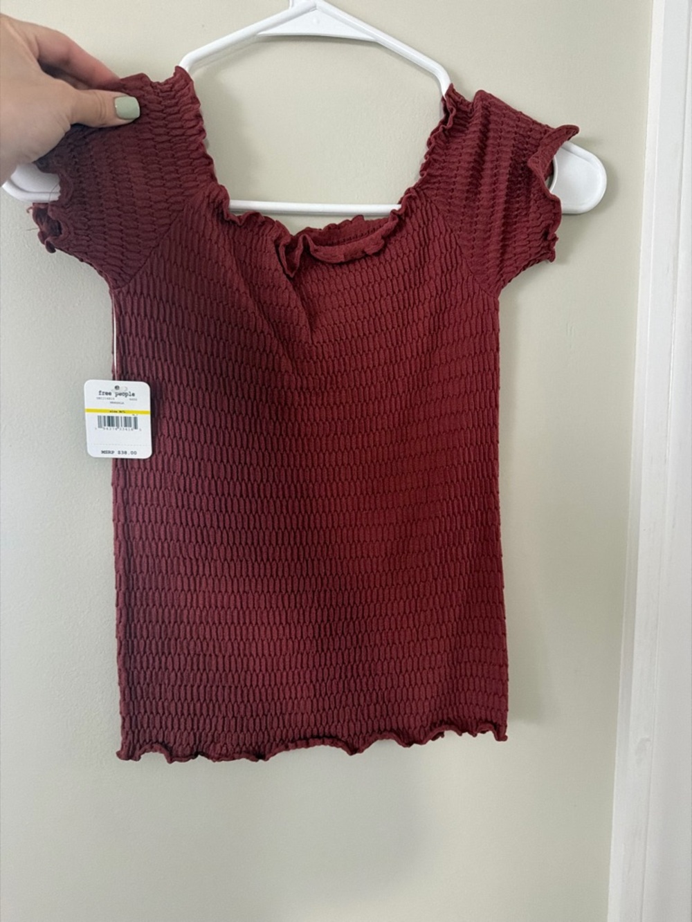 Free People Ribbed Smocked Short Sleeve Crop Top - Burgundy